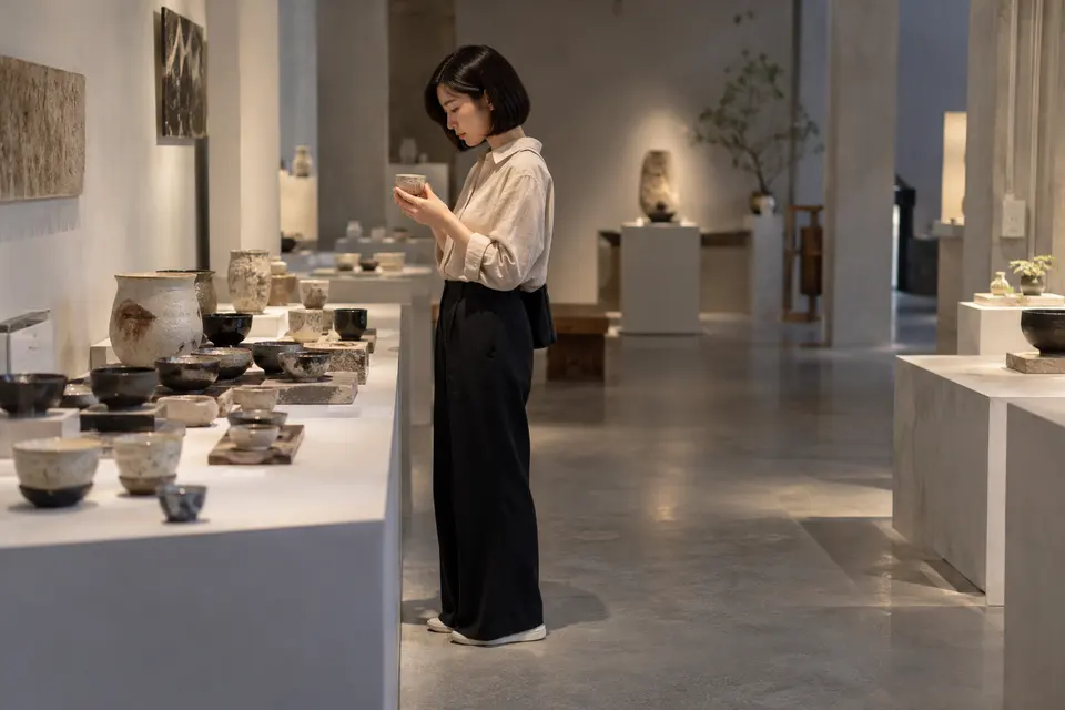 茶器展览现场，年轻女性在展台前观察陶瓷茶具