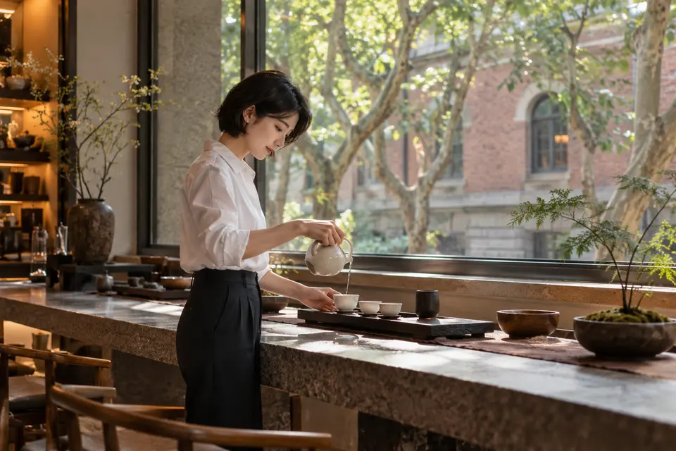 都市街区茶室内，年轻女性以白瓷茶壶倒茶